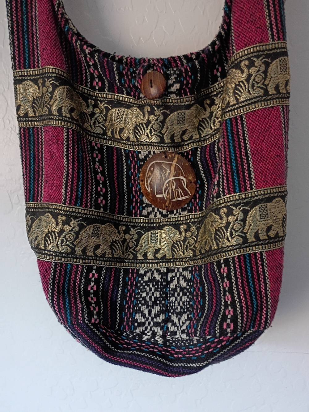 Handwoven Elephant Motif Shoulder Bag in Magenta and Black